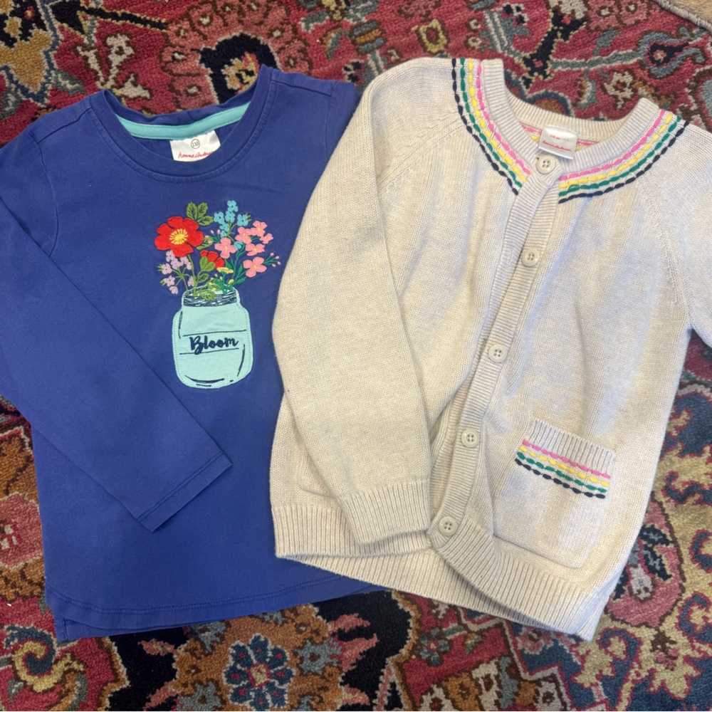 Hanna Andersson girls 110/5 Blue Floral Shirt and Cream Cardigan Set